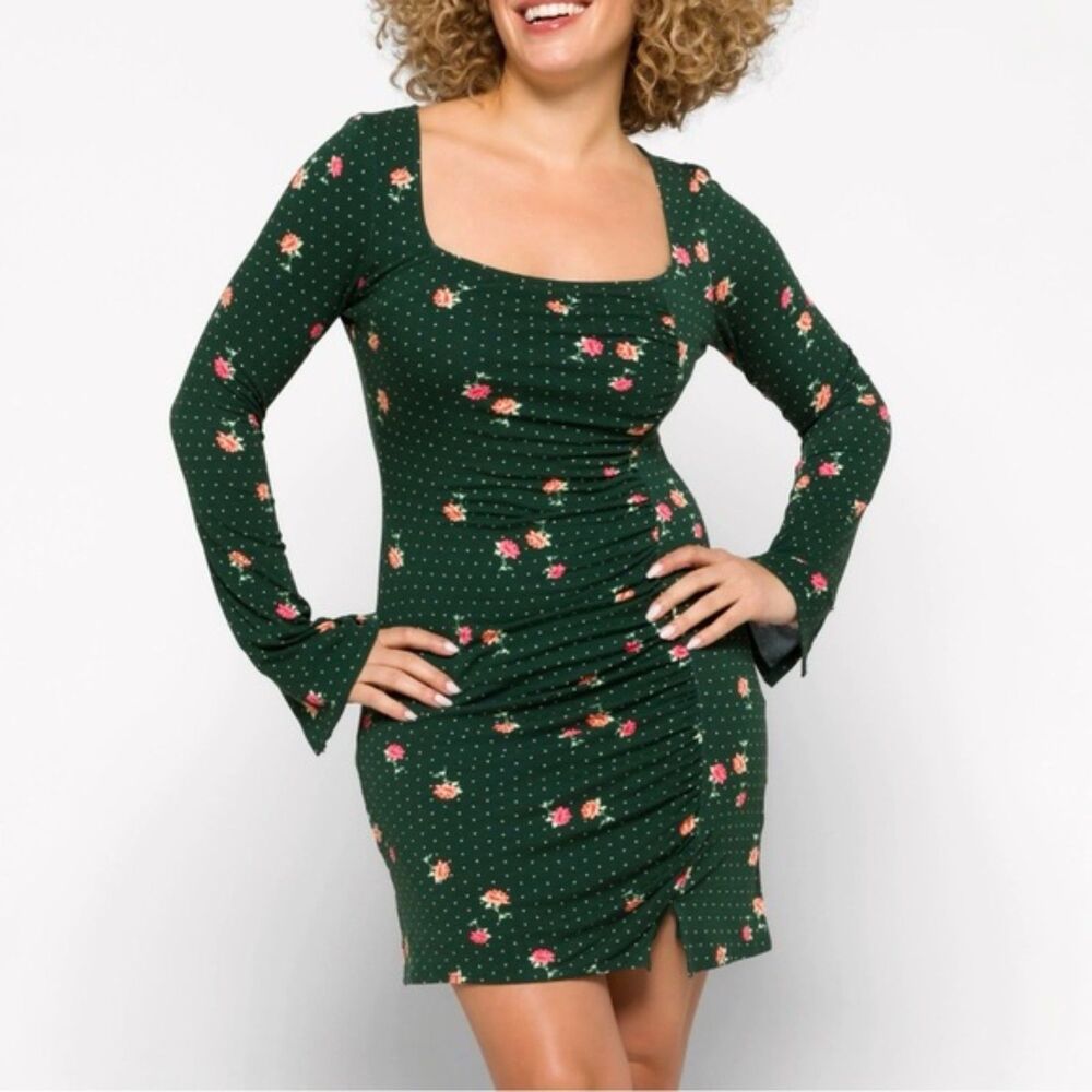 NWT Free People Celia Floral Square Neck Mini Dress Green Women’s Size Small New